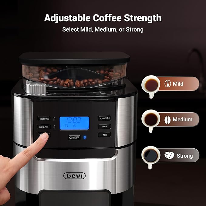 Gevi 10-Cup Grind-And-Brew Drip Coffee Maker with Built-In Burr Grinder | Programmable Timer, 1.5L Water Tank, 2-Hour Auto Keep-Warm, Durable Reusable Permanent Filter for Daily Coffee Brewing - Image 8