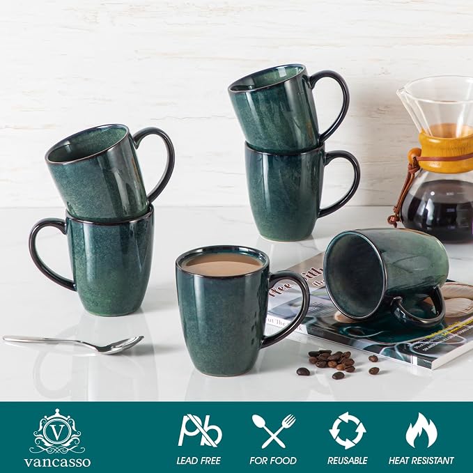 vancasso STARRY Ceramic Coffee Mug Set of 6, 12 Oz Tea Cups with Handle for Latte, Tea, Cappuccino, Milk, Cocoa, Microwave&Dishwasher Safe, Green - Image 3