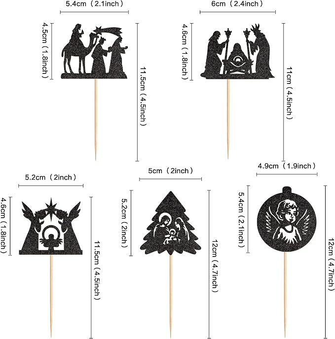 25Pcs Religious Baby Cupcake Toppers Black Glitter Christmas Cake Picks for Christian Baby Shower Birthday Party Cake Decorations - Image 2