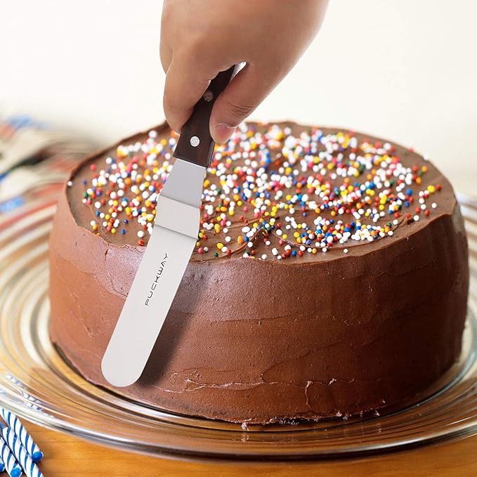 Offset Cake Icing Spatula Set of 3 Professional Stainless Steel Decorating Frosting Spatulas (4"-6"-8" Flexible Resistant Blade) Angled with Wooden Handle