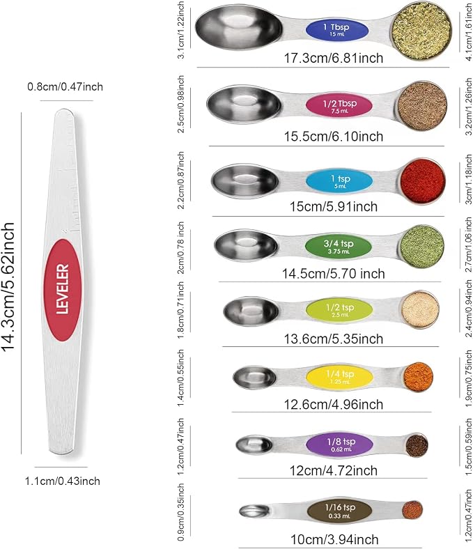 Magnetic Measuring Spoons Set Stainless Steel with Leveler, 9pcs Multicolors Measuring Cups Set for Baking, Measuring Cups and Spoon Set Kitchen Gadgets Apartment Essentials Fits in Spice Jars - Image 2