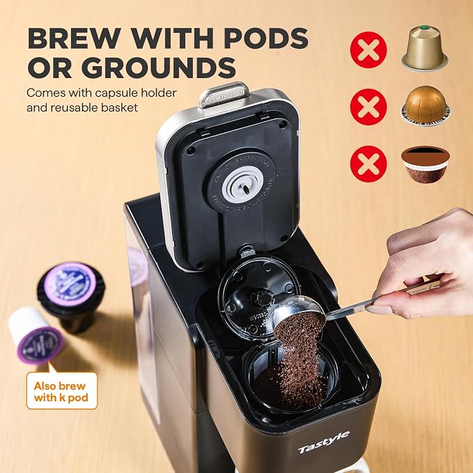 Tastyle Single Serve Coffee Maker for K Cups and Grounds with 3 Brew Styles | 40oz Removable Water Tank, 6 to 24oz Brew Size, Compact Design, Fits 7.3" Travel Mug, for Home, RVs and Office, K330IC, Black - Image 3