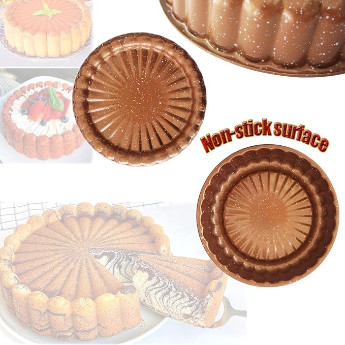 Nonstick Charlotte Cake Mold, 10 Inch Flower Shape Round Baking Pan | Carbon Steel Fluted Cake Tray, Decoration 3D for Jello, Pound Cakes - Coffee Gold, 1PC - Image 4