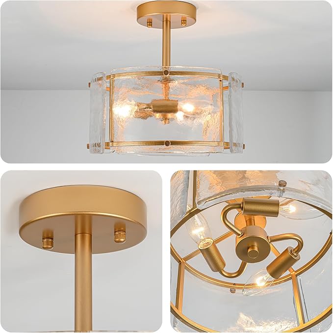 Gold Semi Flush Mount Ceiling Light Fixture for Foyer,Entryway,Hallway | 11.8" Small 3 Light Drum Modern Farmhouse Glass Ceiling Light Fixtures for Kithcen,Bedroom,Dining Room,Bathroom - Image 7