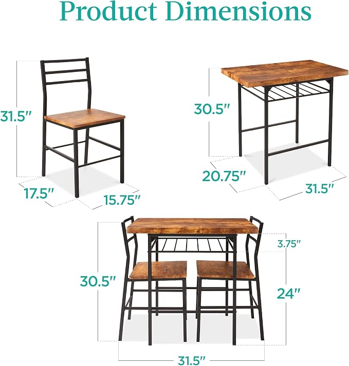 Best Choice Products 3-Piece Modern Dining Set, Space Saving Dinette for Kitchen, Dining Room, Small Space w/Steel Frame, Built-in Storage Rack - Medium Brown/Black - Image 2