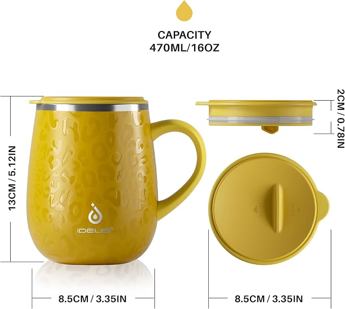 Ideus 16 oz Insulated Coffee Mug with Handle and Lid, Double Wall Stainless Steel Vacuum Thermal Coffee Mug, Travel Coffee Cup Thermal Cup for Home and Office, Leopard Yellow - Image 5