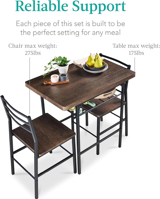 Best Choice Products 3-Piece Modern Dining Set, Space Saving Dinette for Kitchen, Dining Room, Small Space w/Steel Frame, Built-in Storage Rack - Dark Brown/Black - Image 7