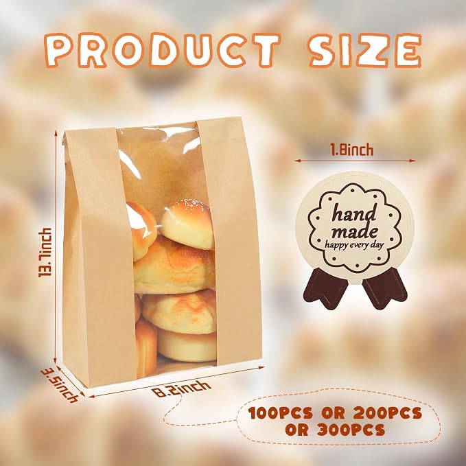 300 Packs Paper Bread Bags for Homemade, Sourdough Bread Bags with Clear Window Includes Label Seal 300 Pcs Stickers, Bakery Packaging Storage for Cookies Snack (13.7x8.2x3.5 inch) - Image 2