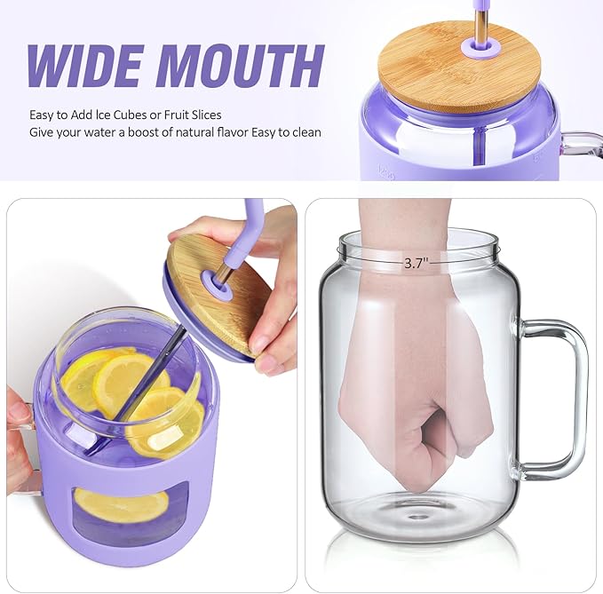 50 oz Glass Water Bottles with Silicone Sleeve,Glass Tumbler with Lid and Straw,Iced Coffee Cup with Handle,BPA Free-Purple