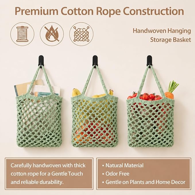 Honeydak Boho Decor Hanging Wall Baskets for Kitchen 3 Pack Teardrop Baskets with Hooks Storage Fruit Onion Vegetable Potato for Home(Sage Green,Mesh,Cotton Rope) - Image 7