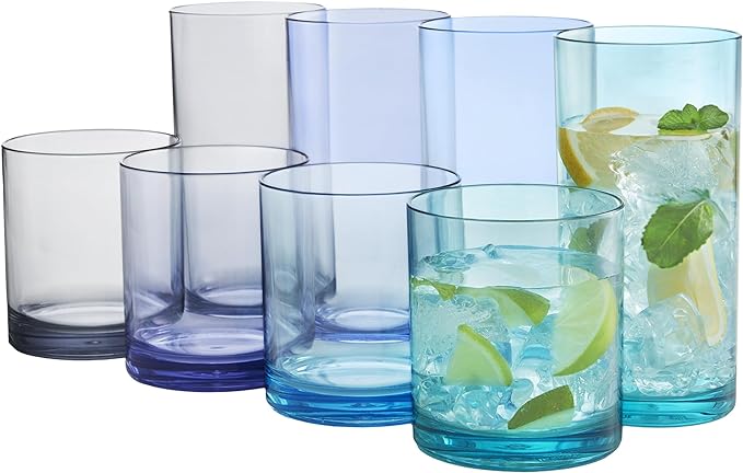 US Acrylic Classic Plastic Reusable Drinking Glasses (Set of 8) 12oz Rocks & 16oz Water Cups in Coastal Colors | BPA-Free Tumblers, Made in USA | Top-Rack Dishwasher Safe by USAcrylic