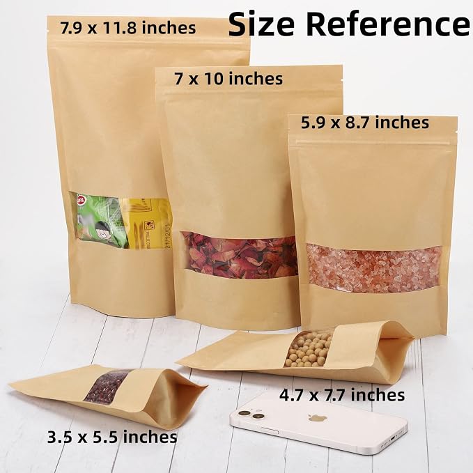 Tecbeauty 100pcs Kraft Paper Stand Up Pouches Zipper Lock Resealable Food Storage Bags with Window for Packing Cookies, Dog Treats (5.9 x 8.7inch) - Image 6