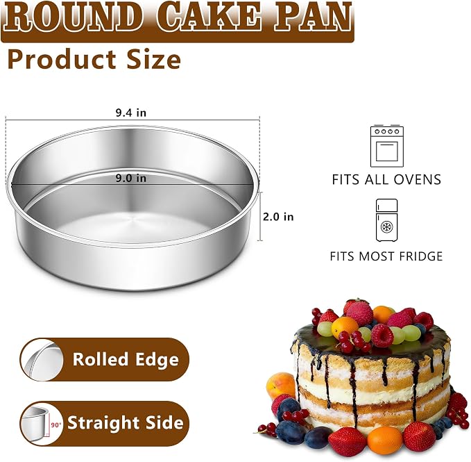 LIANYU Cake Pan 9 Inch Round, Stainless Steel Round Wedding Cake Baking Pan | Metal Birthday Baking Tin Oven Pan for Layer Cake Brownie Lasagna, Leak Proof, Dishwasher & Pot Safe - Image 2