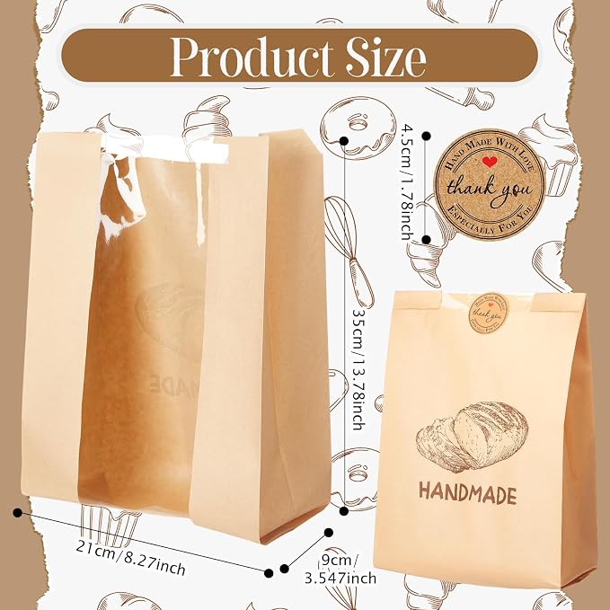 Feifeiya 100 Pack Kraft Paper Bread Bags for Homemade Sourdough Bread with Window & Stickers, 13.7x8.3" Large Bakery Bags for Loaves Greaseproof Food Packaging for Baking Gifts, Brown(Novel Style) - Image 2