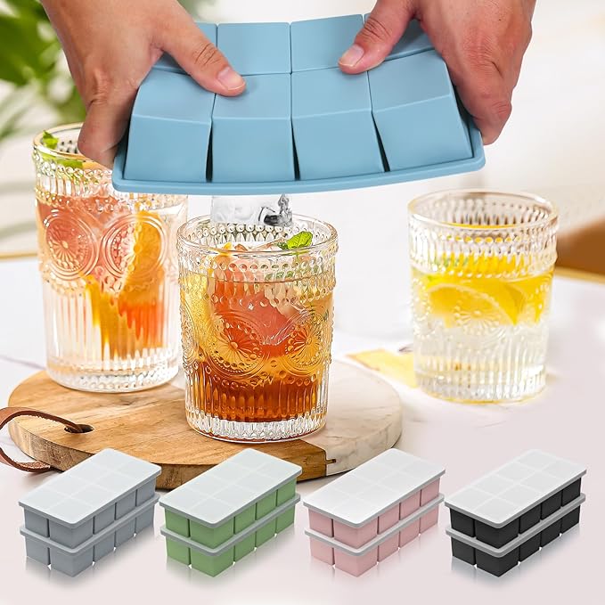 Large Ice Cube Molds, 2 Pack Easy Release Ice Trays for Freezer with Lid, Stackable Square Big Silicone Ice Cube Tray BPA Free Slow Melting for Bourbon Whiskey, Cocktails, Iced Coffee (Grey)