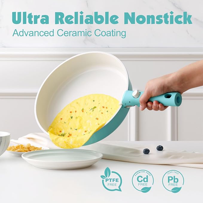 SENSARTE 24 Piece Ceramic Detachable Handle Pots and Pans Set Turquoise | Ceramic Cookware Set, Induction Cookware Set with Removable Handle, Healthy Non Stick for RV, Dishwasher ＆ Oven Safe - Image 4