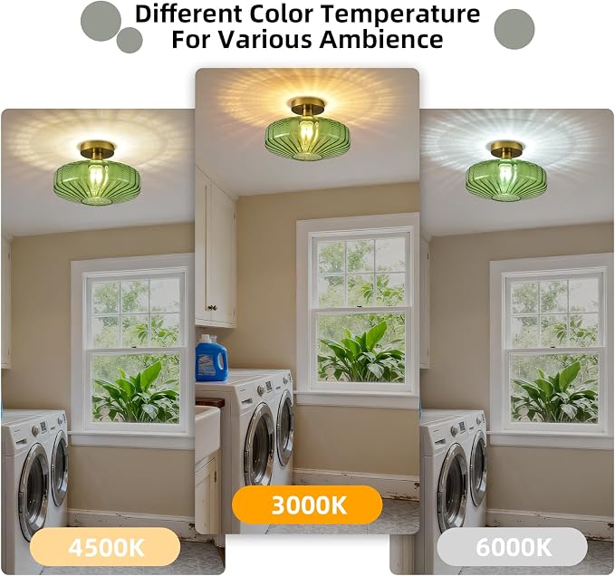 Semi Flush Mount Ceiling Light,11.8 Inch Vintage Green Glass Ceiling Light Fixture,Art Deco Kitchen Lighting Fixtures Ceiling for Hallway Porch Bedroom Bathroom Dining room,E26 Base(Bulb Not Included) - Image 7