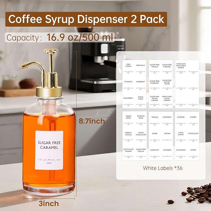 STARSIDE Coffee Bar Accessories 2 Pack - 16.9 oz/500 ml Glass Syrup Dispenser with Leakproof Gold Curved Pumps for Home Coffee, Cafes, Cocktails - Includes 31 Printed Labels, 5 Blank Labels