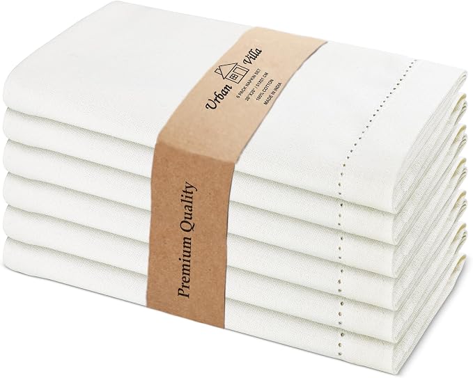 Urban Villa Hemstitch Cloth Dinner Napkins Cotton 20”x20” (Set of 6)- Ivory by CottonTrends