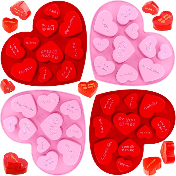 Patelai 4 Pieces Conversation Heart Molds Mixed Size 40 Holes Valentine's Day Heart Shaped Silicone Molds Non Stick for Chocolate Fondant Jelly Pudding Dessert Baking Candy(Red, Pink) by Patelai
