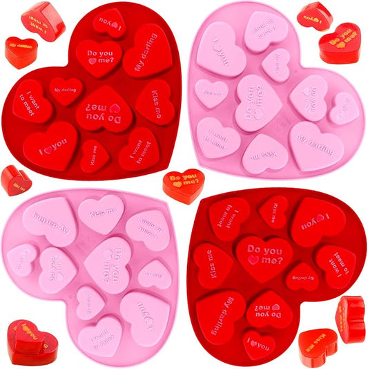 Patelai 4 Pieces Conversation Heart Molds Mixed Size 40 Holes Valentine's Day Heart Shaped Silicone Molds Non Stick for Chocolate Fondant Jelly Pudding Dessert Baking Candy(Red, Pink) by Patelai