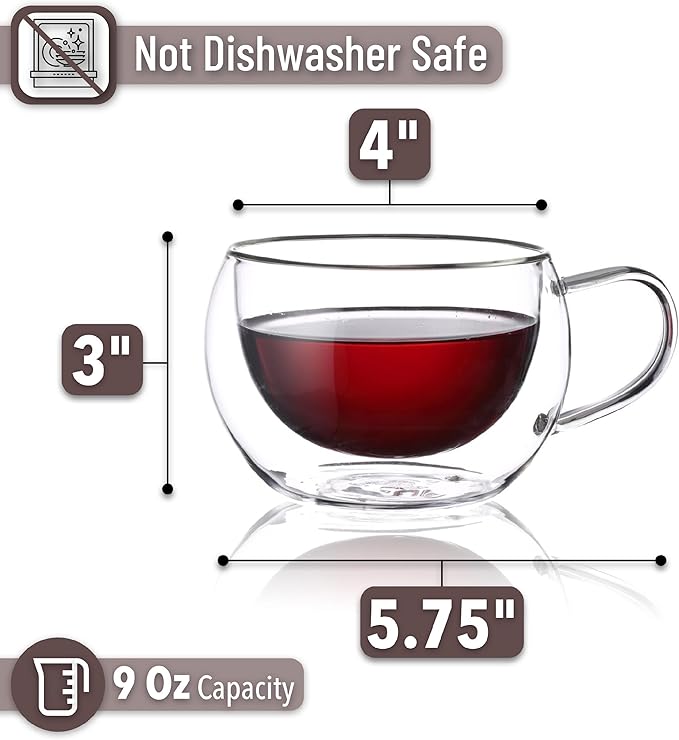 BTaT Insulated Coffee Cups - Set of 4 (9 oz, 270 ml), Double Wall Glass Tea & Latte Mugs