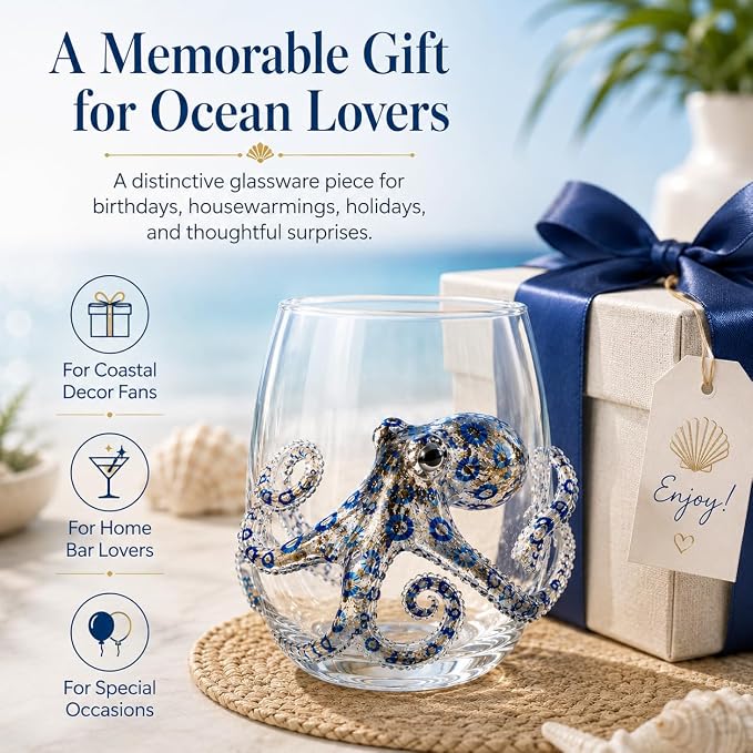 12oz Artisanal Blue Ringed Octopus Glassware, 3D Ocean Animal Artisan Glassware Collection For Fresher Sips, Coastal Elegance & Elevated Home Bar Vibes (One Set) - Image 7