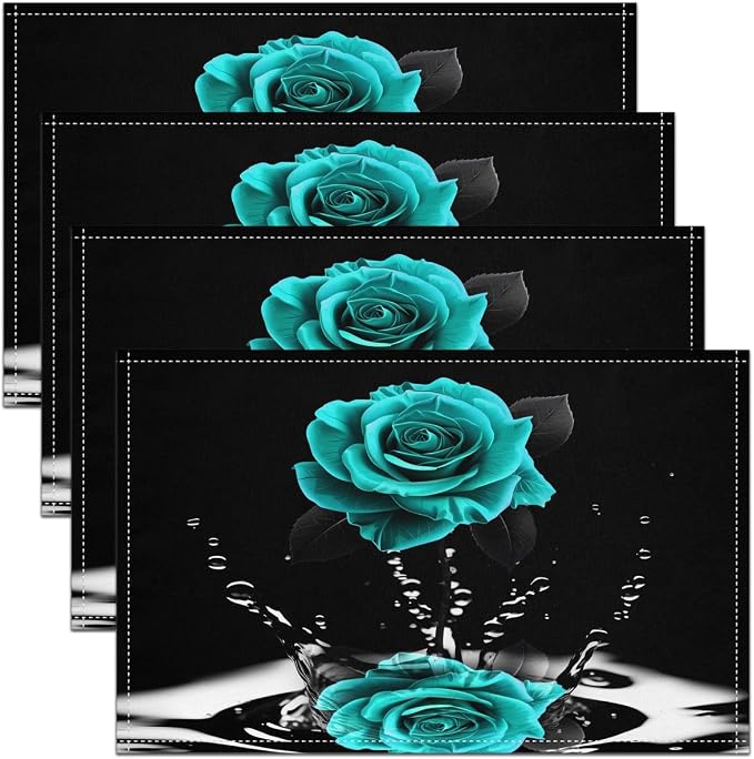 Feelyou Teal Rose Table Place Mats Romantic Floral Blossom Placemats Set of 4 for Boys Girls Black Teal Placemat for Kitchen Dining Table for Lover Indoor Outdoor Decor Table Mats 18"x12" by Feelyou