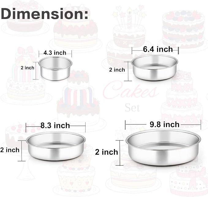 TeamFar Cake Pan, Stainless Steel Round Baking Pans Set for Layer Cake Pie | 4'' & 6'' & 8'' & 9½'', Smash Cake Pan Tier Cake Tins, for Baking Serving at Camping Wedding, Oven & Dishwasher Safe - 4 PCS - Image 2