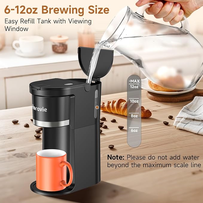 Small Single Serve Coffee Maker, One Cup Coffee Machine for K-Cup & Grounds | Portable Pod Coffee Maker, Fast Brew, 6 to 12 oz. Brew Sizes, One Button Design, Easy for Elder to Use, Space Saving, Black - Image 6