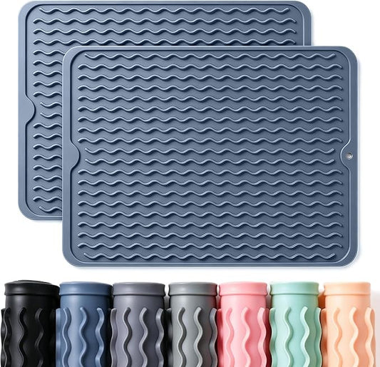 2 Pack Caketime Silicone Dish Drying Mat for Kitchen Counter Multiple Usage for Baking Cooking Grilling Under Sink Office Coffee Accessories Apartment Appliances Pioneer Woman Stuff 15"x11.5" Blue by CAKETIME