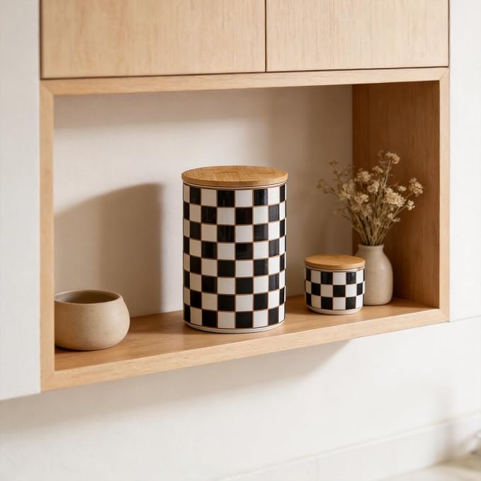 Kitchen Countertop Ceramic Checkered Canisters,Black And White Food Storage Containers With Lid,Airtight Kitchen Canisters for Flour, Sugar, Coffee, Tea, and Dry Goods (Black, XL) - Image 6