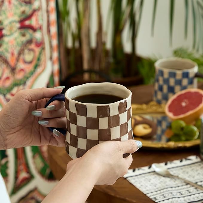 Retro Checkered Ceramic Coffee Mug 16Oz - Extra Large Handle, Microwave Safe Vintage Patterned Tea Cup for Home, Office Brown and White Checkered Pattern, Blue Handle by DelightsGalore