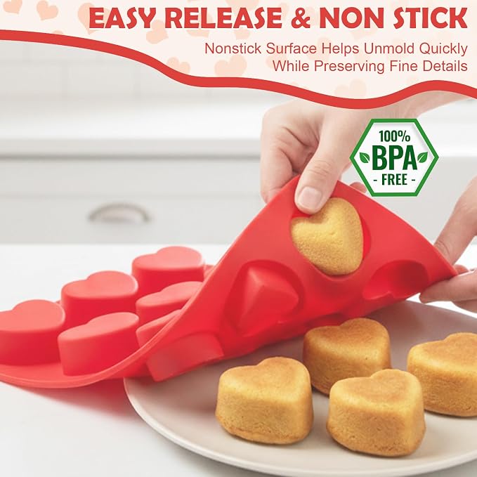 HKNMTT 2Pcs Silicone Heart Molds for Chocolate Muffin 12-Cavity Nonstick | 2.2 Inch，BPA-Free，Oven Safe Mold for Cakes Jello Soap Cupcake Dessert, Valentine's Day - Image 6