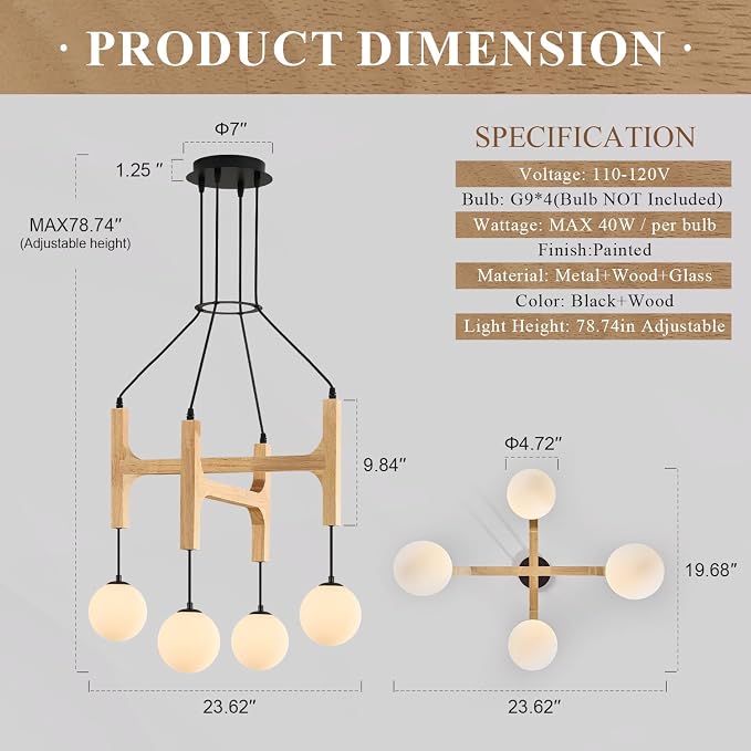 Natural Farmhouse Wood Chandeliers Vintage Milk Glass Pendant Light L24 '' Mid Century Long 4-Light Hanging Fixture for Living Dining Room Entryway Foyer Bedroom Kitchen,G9 - Image 3