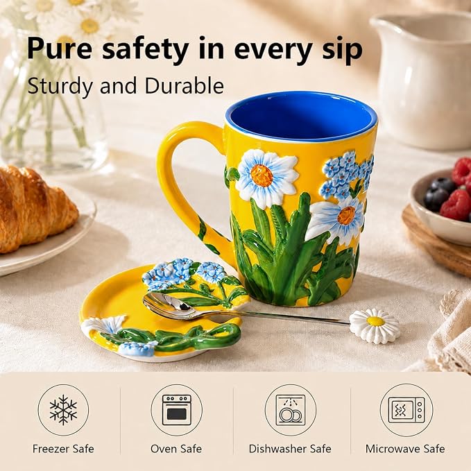 Ceramic Coffee Mug, 19 oz Large Floral Mug with Lid, Novelty Hand-Painted Mugs with Handle & Spoon, Dishwasher & Microwave Safe Cups for Coffee, Tea, Cocoa, Birthday Housewarming Wedding Gift - Yellow - Image 2