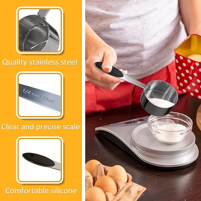 2PCS 1/4Cup (59ml, 2oz) Single Measuring Cup with Black Silicone Grip, Stainless Steel Individual Measure Scoop Only