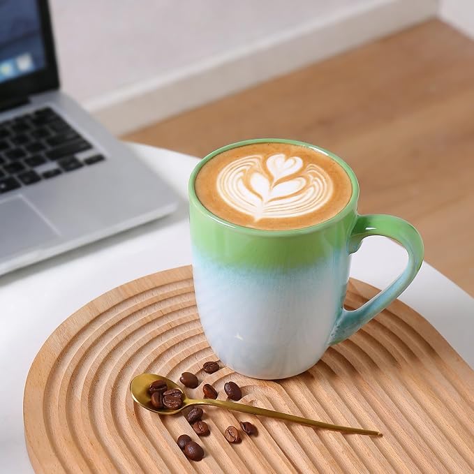 MONITO 14 OZ Coffee Mugs Set of 6, Large Ceramic Blue Coffee Mugs Set with handle for Tea/Latte/Milk/Cocoa, Funny Tea Cups for Office and Home, Engagement Gifts. (White-green) - Image 5