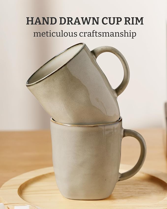 famiware Coffee Mugs Set of 6, Ocean Square 13oz Coffee Cup Set with Handle for Cocoa, Milk, Hot Chocolate, Tea, Water, Stoneware Cups for Kitchen, Microwave and Dishwasher Safe, Light khaki - Image 6