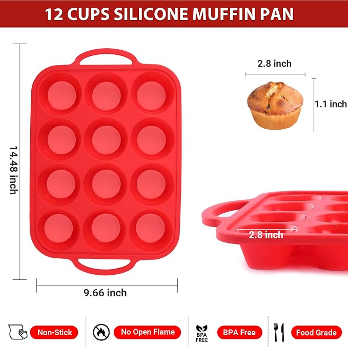 Redfly Silicone Muffin Pans for Baking 12 Cup with Metal Reinforced Frame, Nonstick 2Pack Regular Size Cupcake Pan, BPA Free Food Grade, Easy Release, Dishwasher Oven Freezer Safe for Egg Bite Molds - Image 2