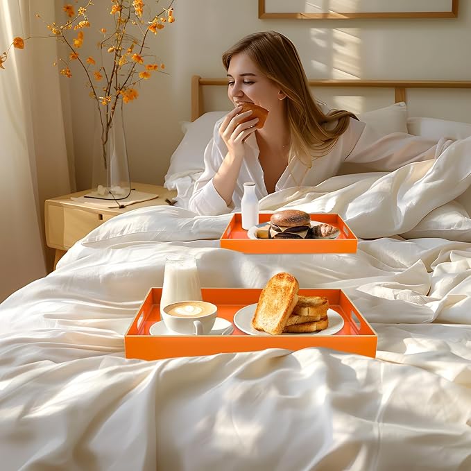 MAONAME Orange Serving Tray with Handles, Plastic Decorative Tray Set of 2 | Decorative Tray for Coffee Table, Modern Ottoman Tray, Rectangle Melamine Tray for Living Room, 15.8"L x 10.2"W x 1.4"H - Image 5