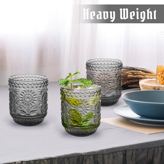 Topsky Vintage Drinking Glass Set of 4,12 oz Embossed Floral Drinkware Set,Gray Drinking Glasses Cups Wine Glasses Colored Glassware for Whisky,Beer,Juice,Cocktail,Heavy Duty - Image 3