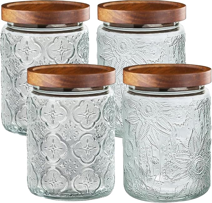 4-Pack 24 OZ Vintage Glass Jar with Lid, Airtight Food Storage Canisters with Bamboo for Kitchen Counter Pantry, Ideal for Coffee, Candy, Tea, Oats, Sugar, Cookies Decorative Jars by Unknown