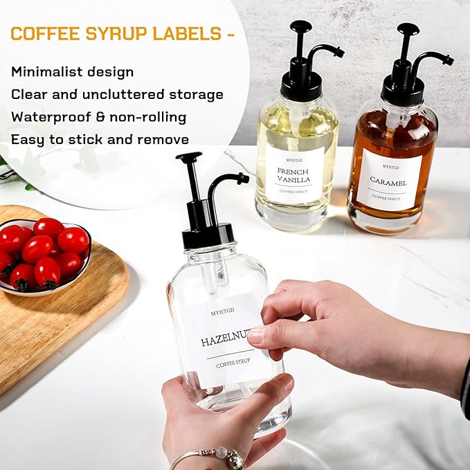 Coffee Bar Accessories,MHDCLY Coffee Syrup Dispenser - 4pack,16.9oz Syrup Dispenser with Labels ，Syrup Pump Dispenser for Coffee Bar(Black pump)