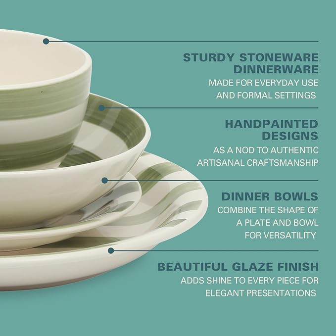 Gibson Home Kenwood Shores 16 Piece Dinnerware Set, Green Striped, Hand-Painted Stoneware, Plates and Bowls, Service for 4, Microwave & Dishwasher Safe - Image 3