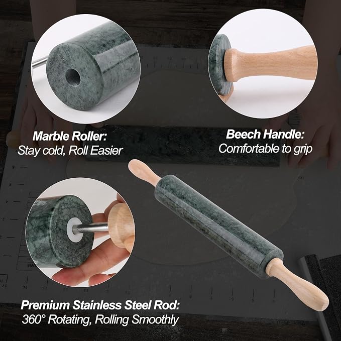 Indian Natural Marble Rolling Pin, Non-Stick Polished Dough Roller, Pasta, Dumpling, Fondant, Pie Crust, Bread, Pizza Dough, Kitchen Baking Pastry Tools with Mat/Scraper(Indian Green) - Image 5
