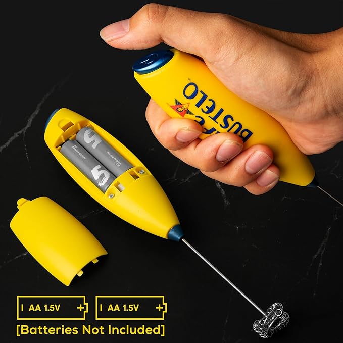 Café Bustelo Electric Coffee Milk Frother – Handheld Battery-Operated Drink Mixer with Stainless Steel Whisk & Stand, Bold Yellow Design, Perfect for Lattes, Cappuccinos & Café-Style Coffee Drinks