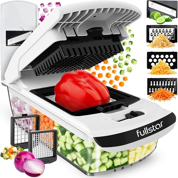 Fullstar Pro Original Vegetable Chopper & Mandoline Slicer Kitchen Gadget | 6 in 1 Veggie Slicer, Onion & Fruit Cutter with Sharp Stainless Steel Blades & Container, All-in-One Meal Prep Tool (White) by fullstar