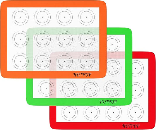 HOTPOP Silicone Baking Mats 0.75mm - Non-Stick Silicone Sheets for Bake Pans and Rolling with Outlines for Pastries - Silicone Baking Sheet - Macaron/Pastry/Cookie/Bun/Bread Making (3 QUARTER SIZE)
