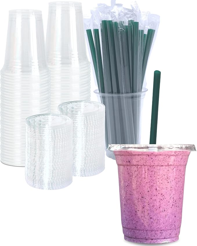 12 oz Clear Plastic Cups with Lids and STRAWS, Disposable Drinking Cups for Cold Drinks, Iced Coffee, Milkshakes, Smoothies, 25 Sets by Cappatua